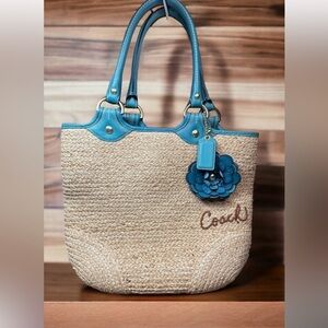 Coach Bleecker Natural Straw Teal Leather Flower Tote Shoulder Bag
